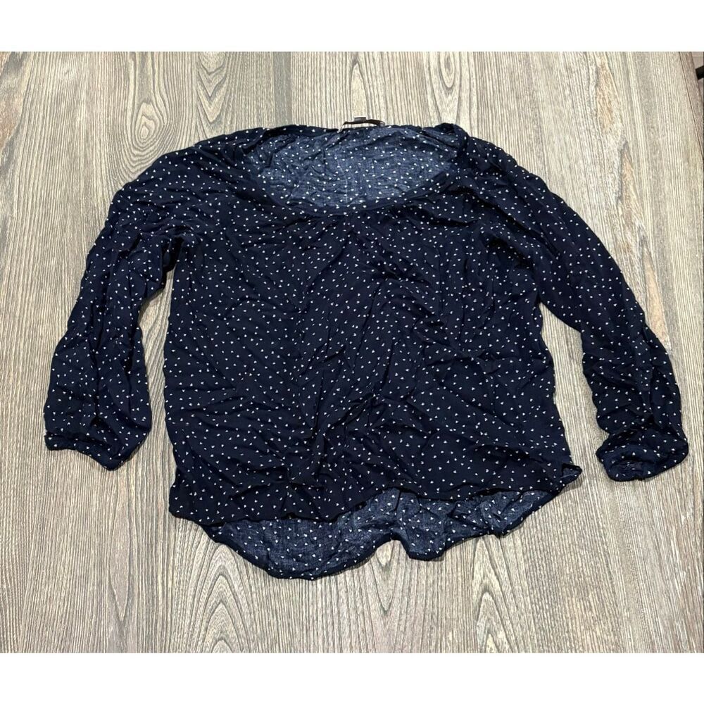Ann Taylor LOFT Blouse Top Heart Print Long Sleeve Round Neck Navy White Size M